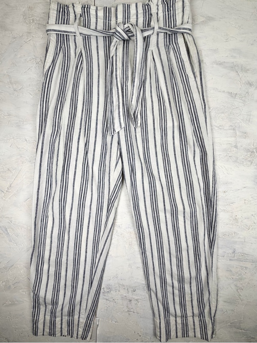 Madewell Linen Paperbag Pants Striped Tie Waist Cropped Size 4